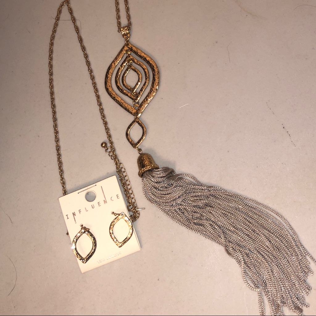 Nwt Influence Boho Tassel Gold Silver Gray Necklace And Earrings Jewelry Set